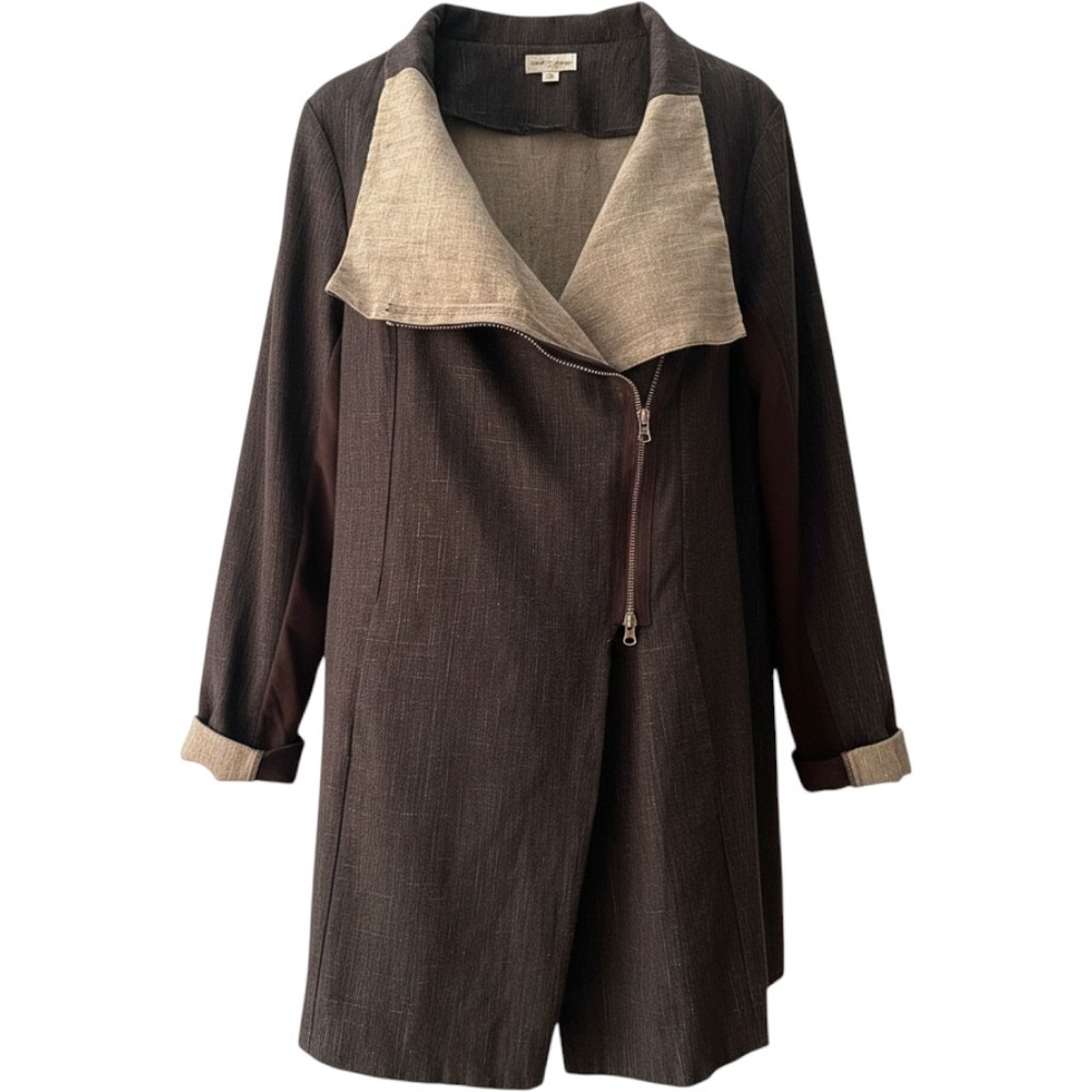 Neesh by DAR Womens XL Coated Linen Asymmetric Zip Front Coat Jacket Charcoal